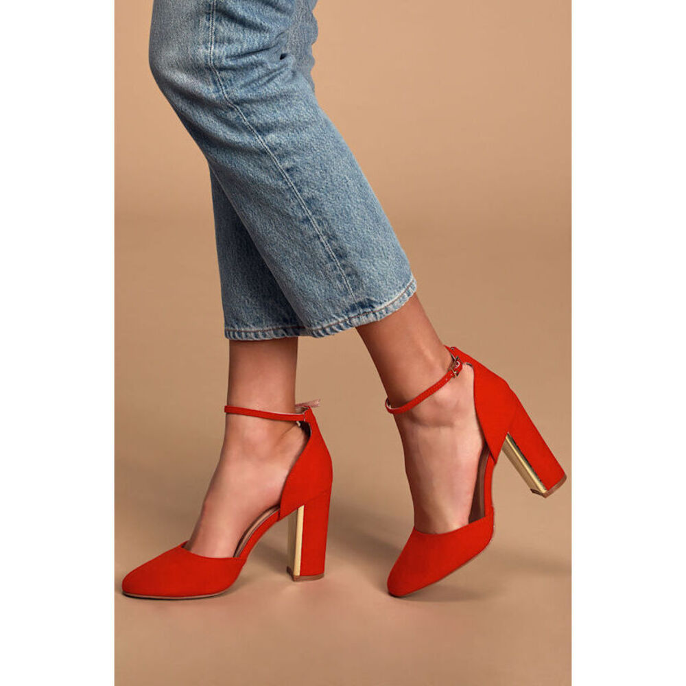 Lulus Laura Red Suede Ankle Strap Heels - Size 6.5